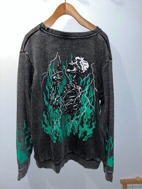 Akira Distressed Gray Crewneck Rhinestone Bling Sweatshirt XL Skeleton Mind
